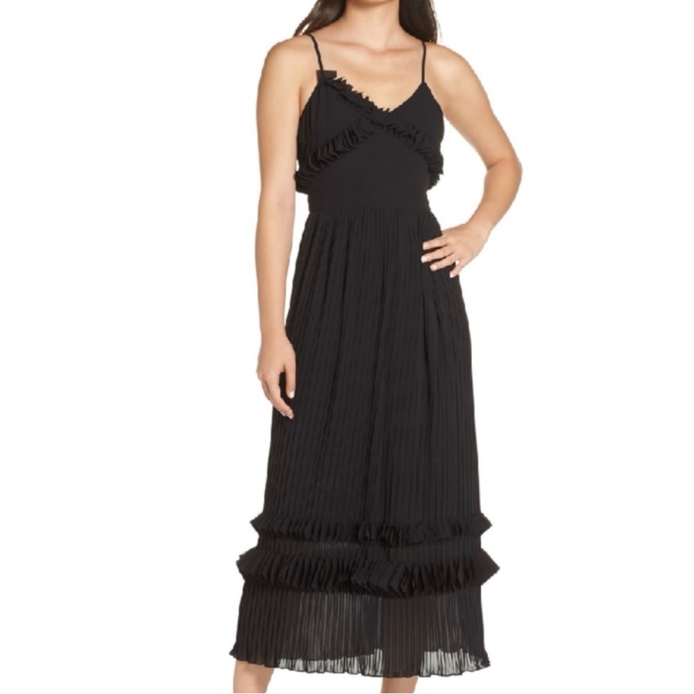 foxiedox Black Pleated Ruffle-Trim Midi Dress